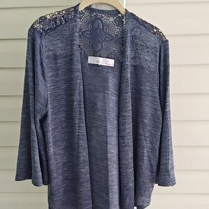 Time and Tru Blue Open-Front Cardigan with Lace Detail
